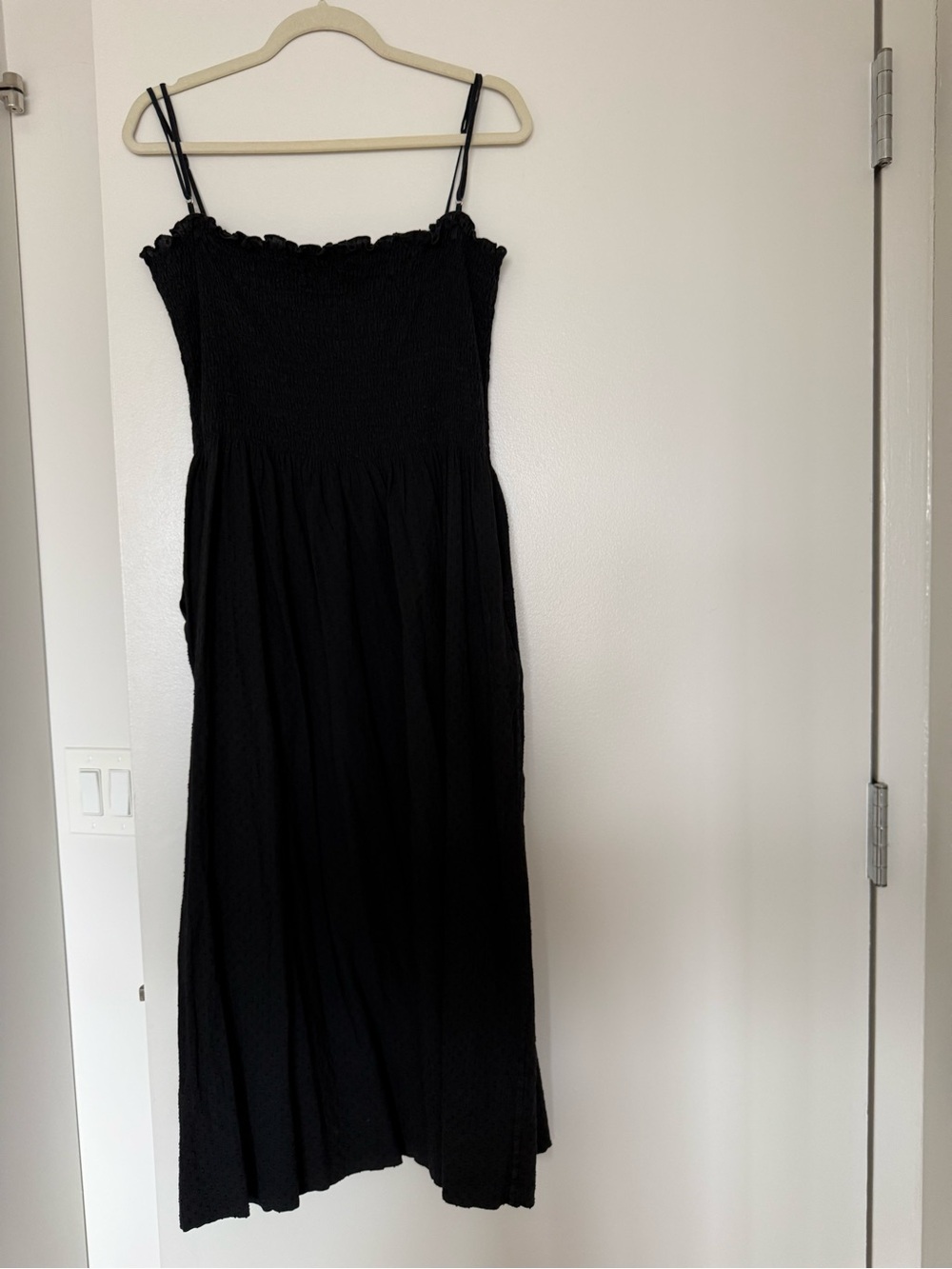 Smocked Black Midi Dress with Spaghetti Straps